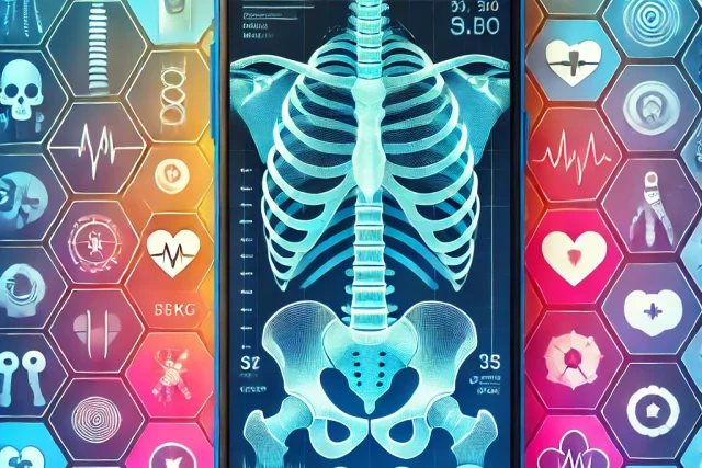O aplicație de raze X cu glume pe telefon care arată o imagine falsă a unui schelet.